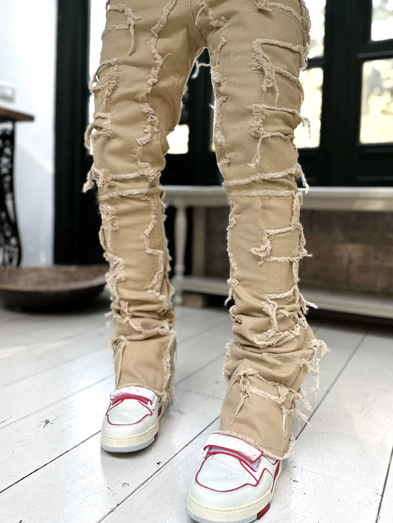 Men’s Slim Fit Stacked Ripped Patchwork Jeans
