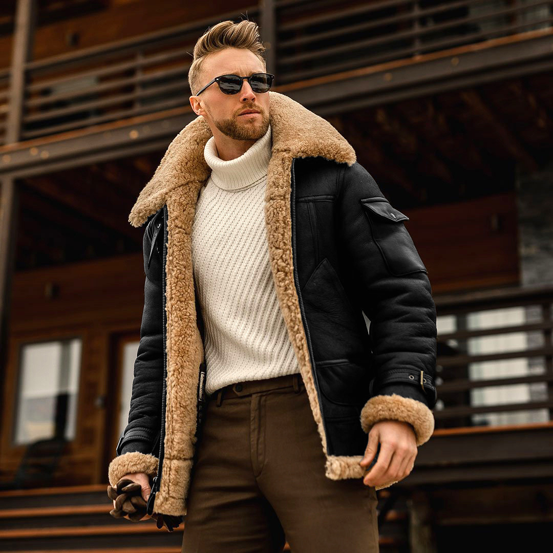 Men’s Shearling-Trim Zip Jacket with Multiple Pockets