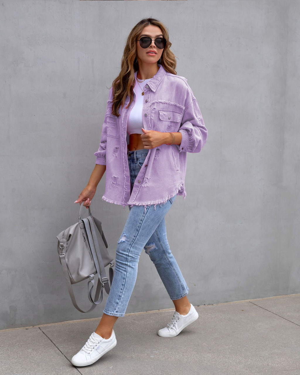 Women's Oversized Distressed Frayed Hem Shirt Jacket