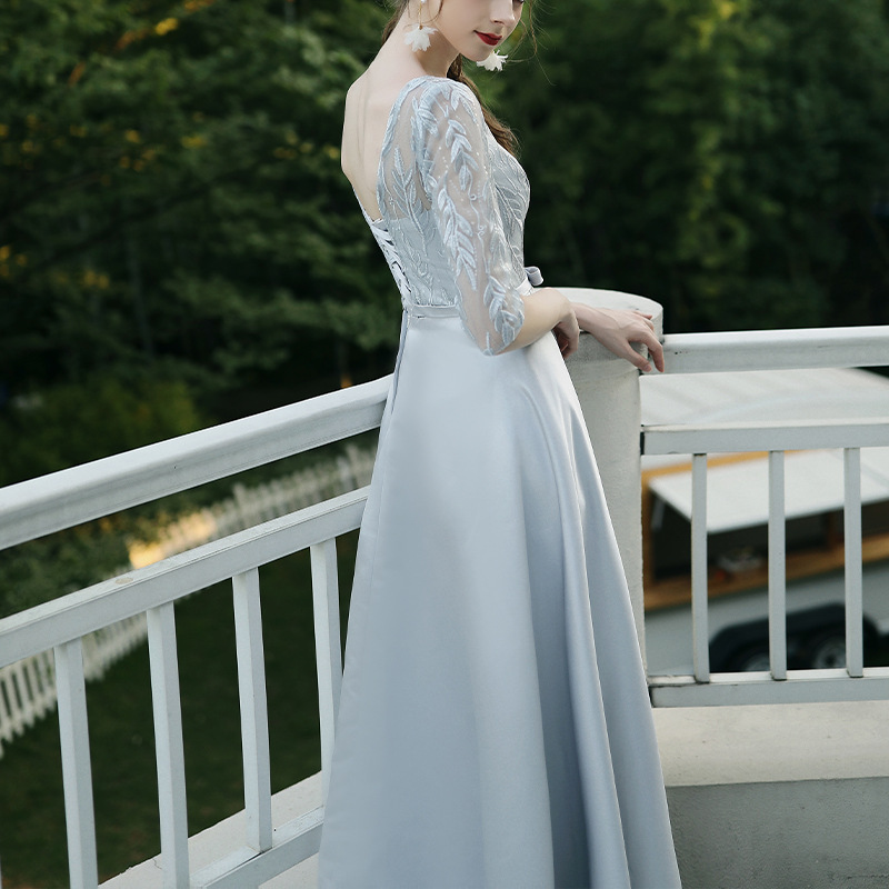 Women’s Lace Bodice V-Neck Belted Full-Length Evening Dress