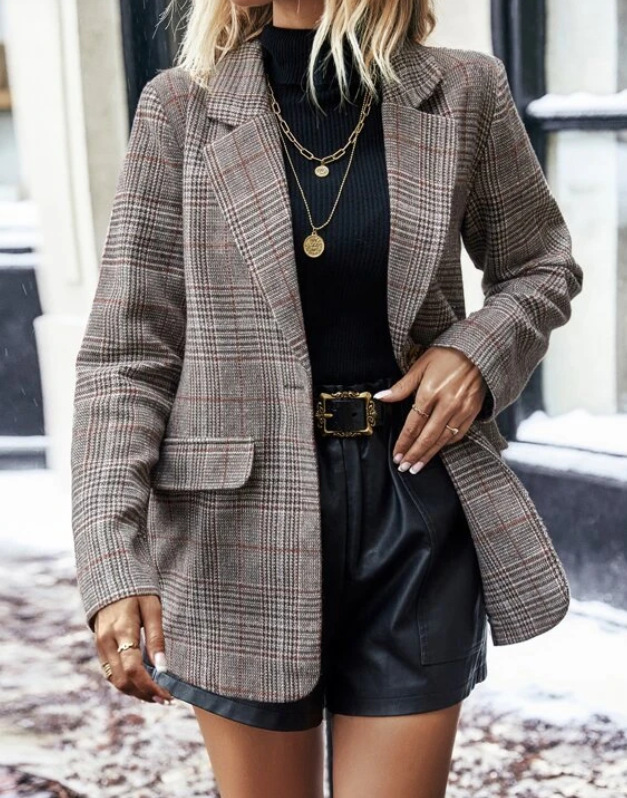 Women's Brown Plaid Single-Button Lapel Blazer