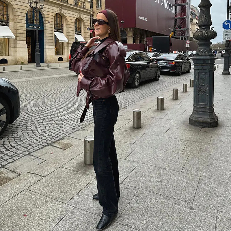 Women's Cropped PU Jacket with Wide Lapels and Statement Sleeves