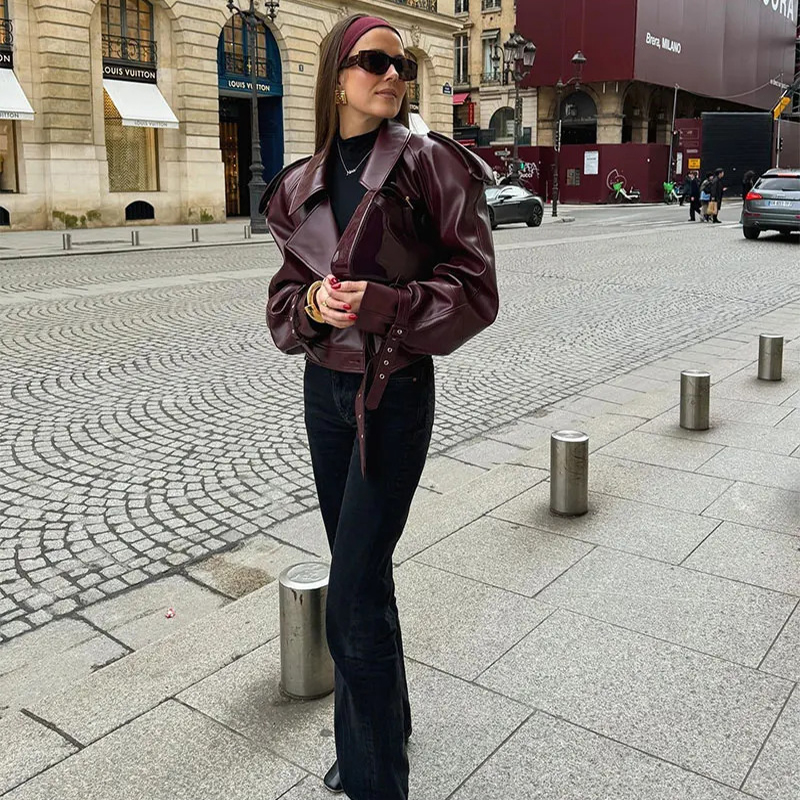 Women's Cropped PU Jacket with Wide Lapels and Statement Sleeves