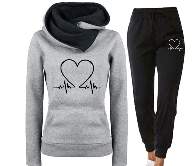 Women's Heartbeat Graphic Hooded Tracksuit Set with Joggers