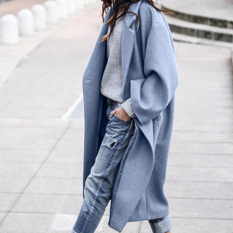 Women’s Long Lapel Coat with Pockets and Single-Breasted Front