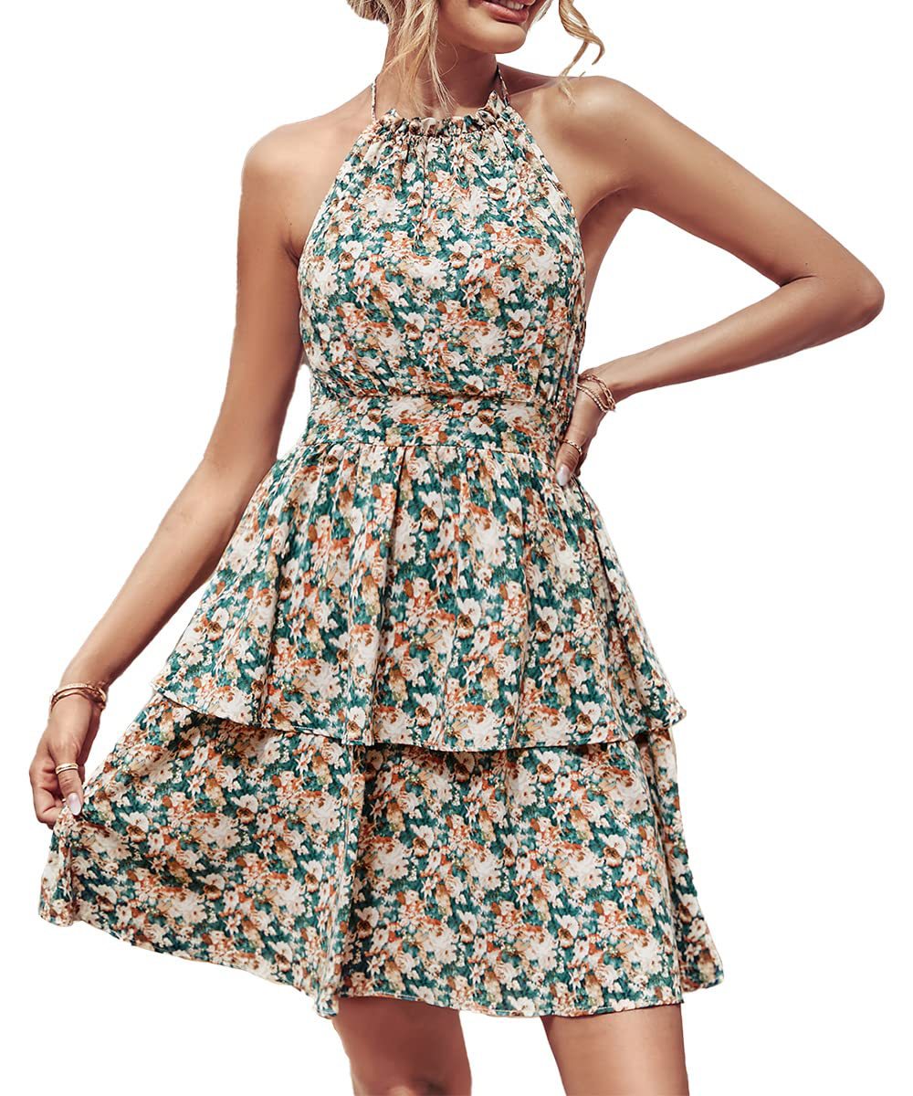 Women's Floral Halter Tiered Mini Dress