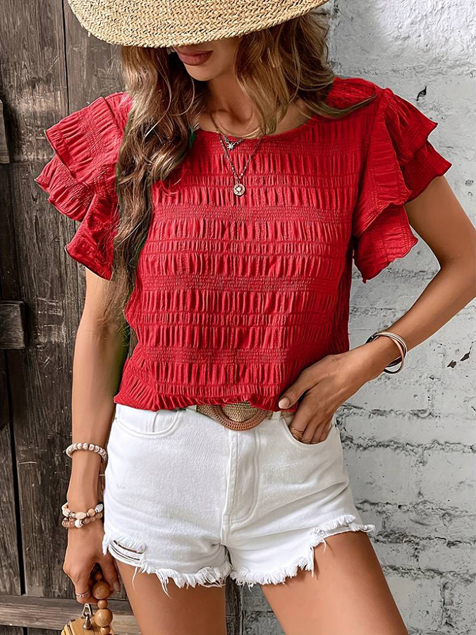Summer Ruffled Short-sleeved T-shirt Casual Round Neck Pleated Design Top For Women Clothi