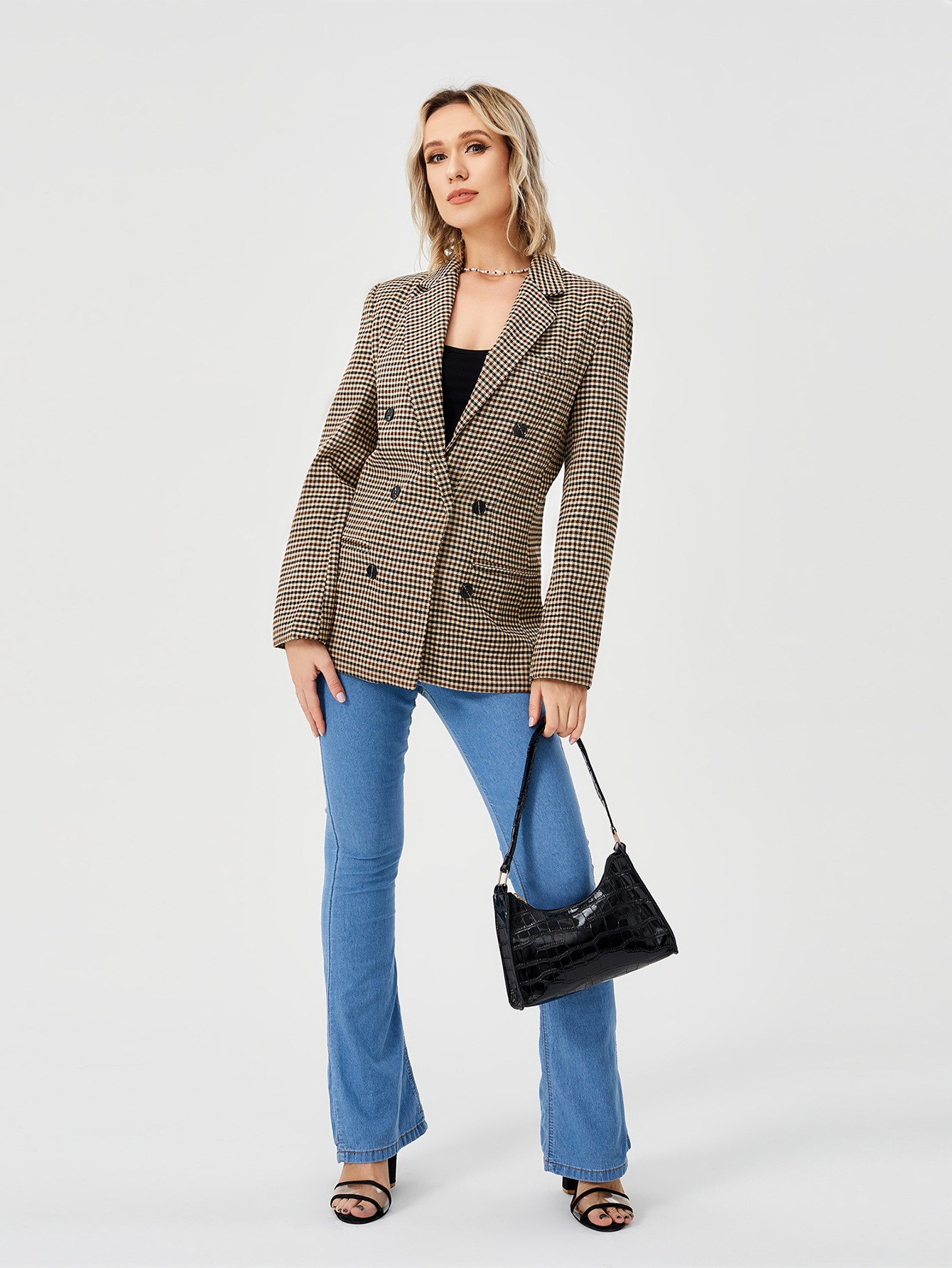 Women's Houndstooth Double-Breasted Lapel Blazer