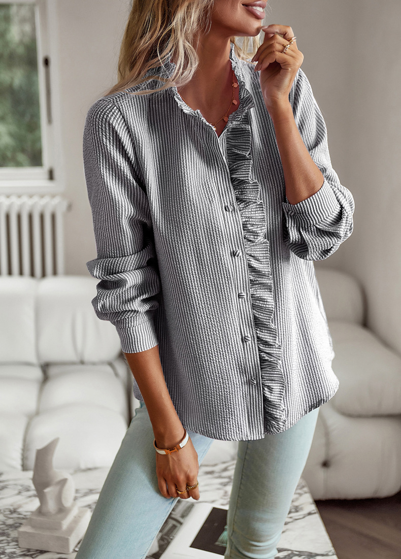 Striped Long Sleeve Shirt Fashion Ruffle Design Button Up Tops Casual Office Blouse Elegan