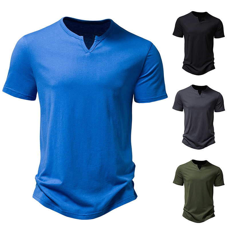Men's Cotton Notched Collar Short-Sleeved Curved Hem T-Shirt