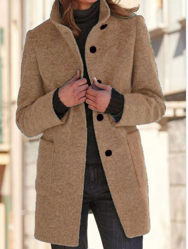Women's Textured Stand Collar Button Front Coat With Pockets