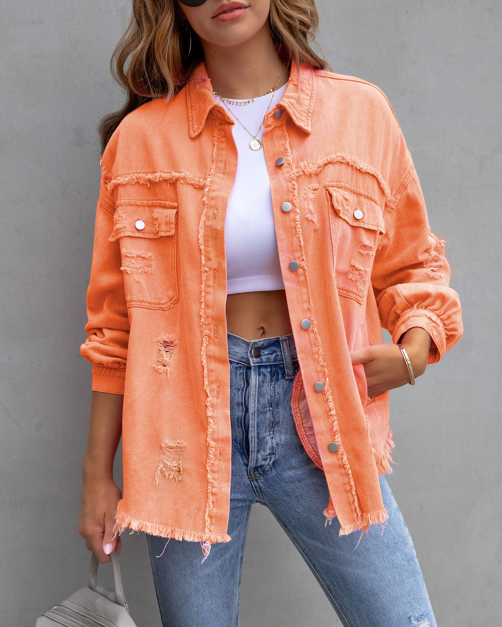 Women's Oversized Distressed Frayed Hem Shirt Jacket