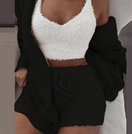Women’s Three-Piece Textured Crop Vest, Shorts and Cardigan Set