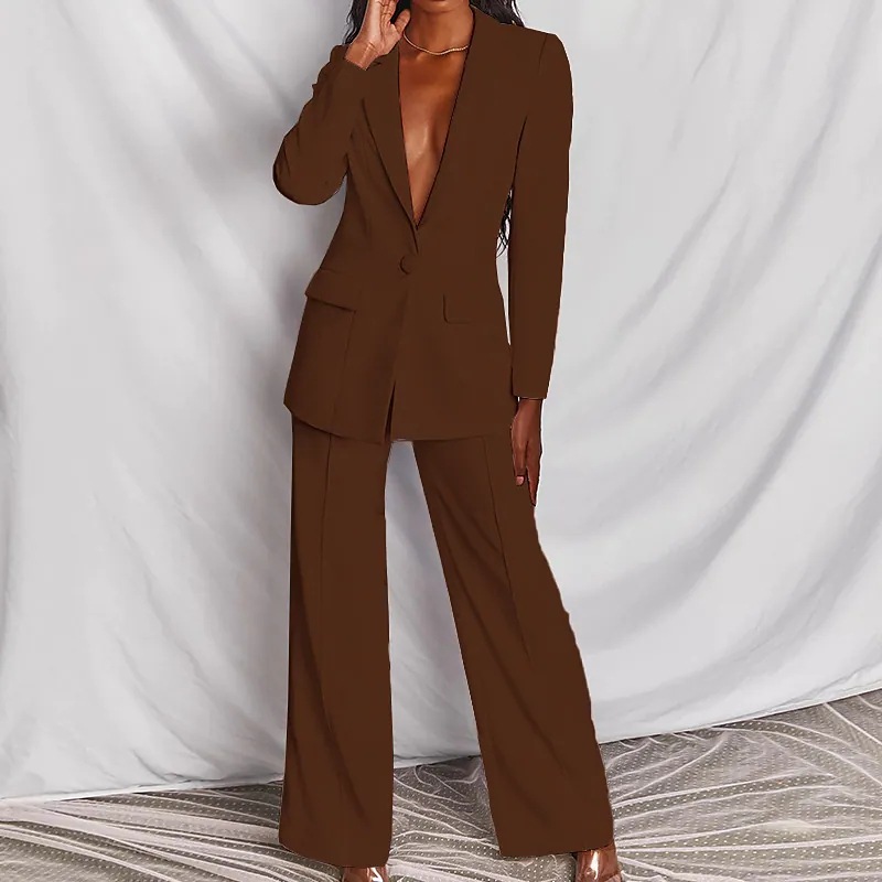 Women’s Tailored Two-Piece Suit Set with Lapels and Wide-Leg Trousers
