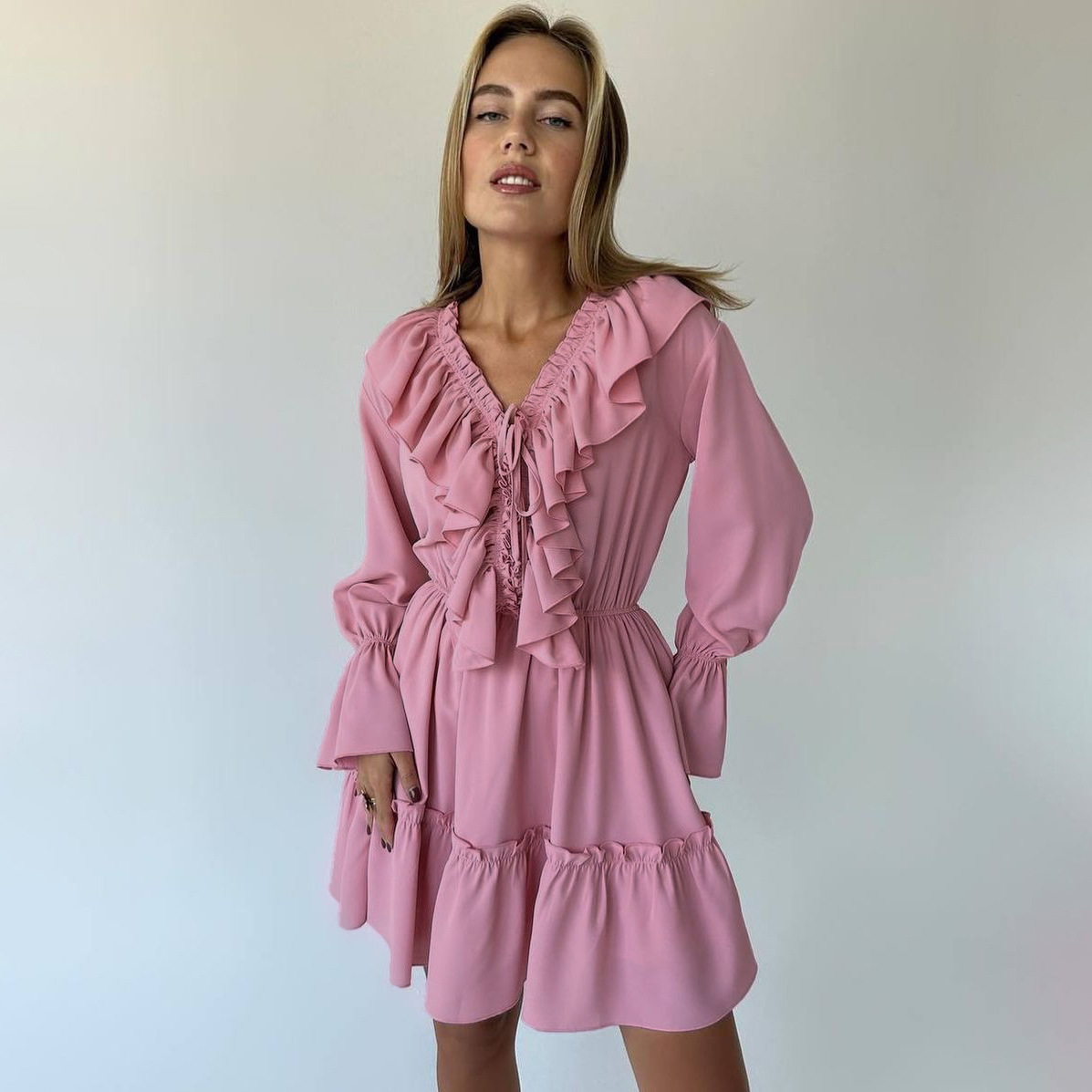 Women's V-Neck Ruffle Tiered Mini Dress with Flared Sleeves