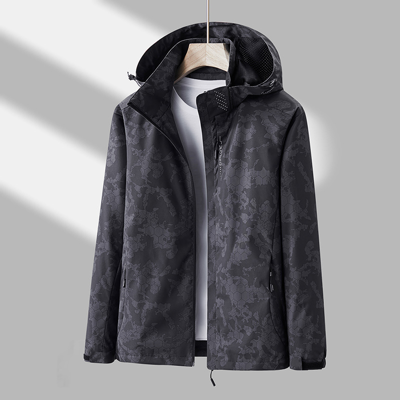 Unisex Hooded Hexagon Print Zip-Up Windbreaker Jacket
