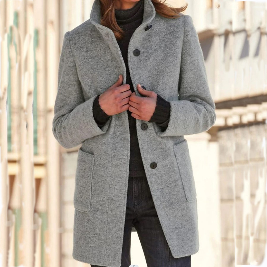 Women's Textured Stand Collar Button Front Coat With Pockets