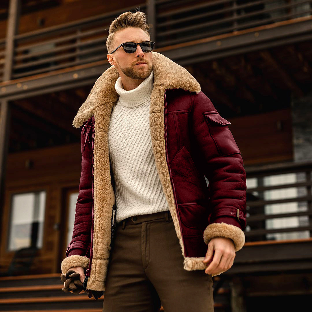 Men’s Shearling-Trim Zip Jacket with Multiple Pockets