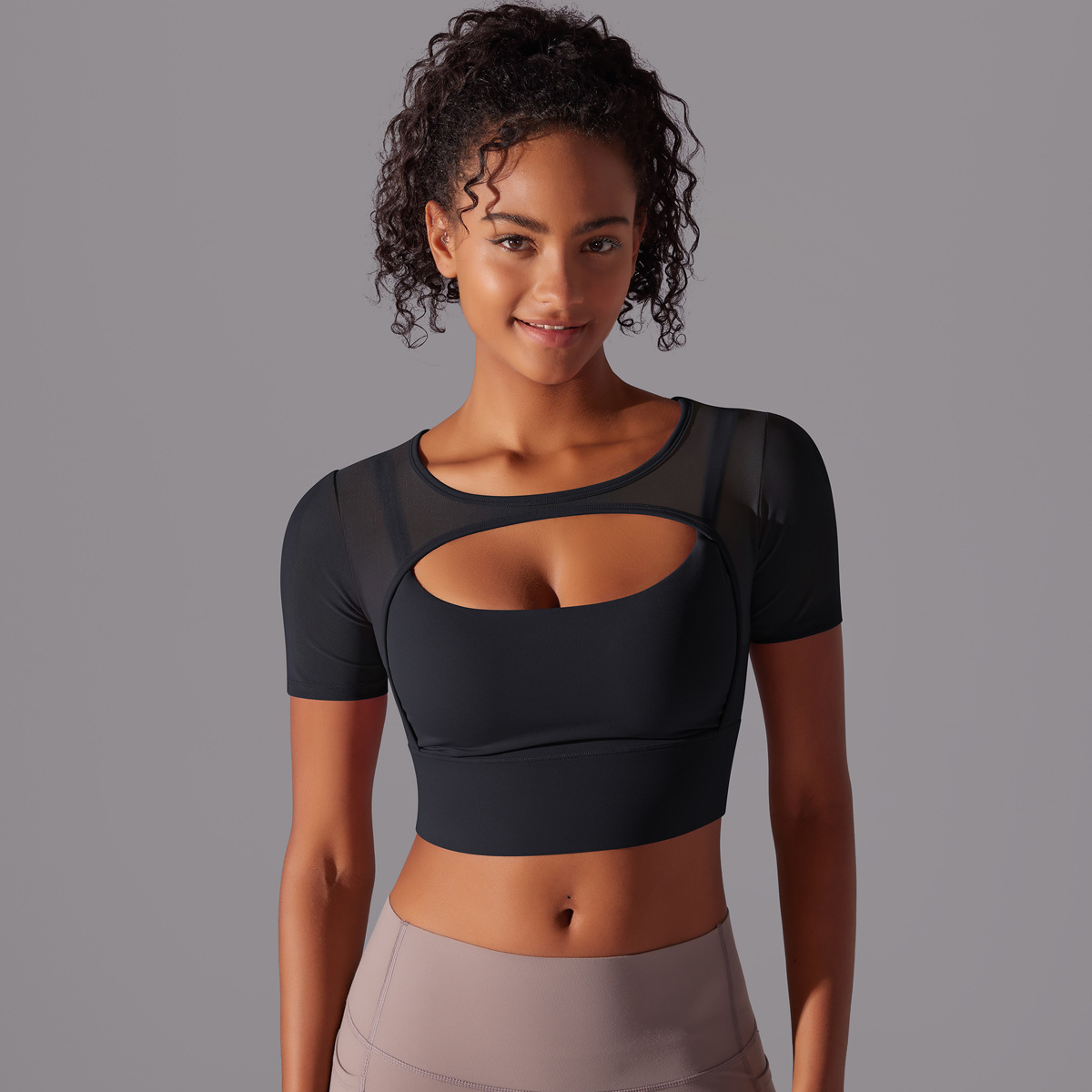 Women’s Double-Layer Short-Sleeve Cutout Crop Top