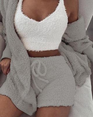 Women’s Three-Piece Textured Crop Vest, Shorts and Cardigan Set