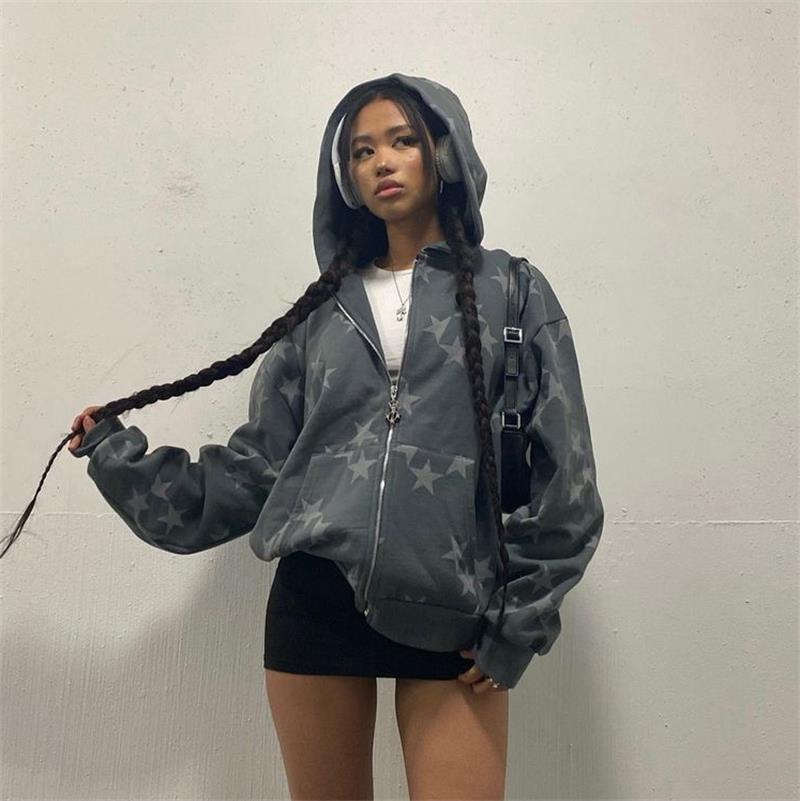 Stars Printed Zipper Hooded Cardigan Couple Fashion Outerwear Hoodies Sweatshirt Street Me