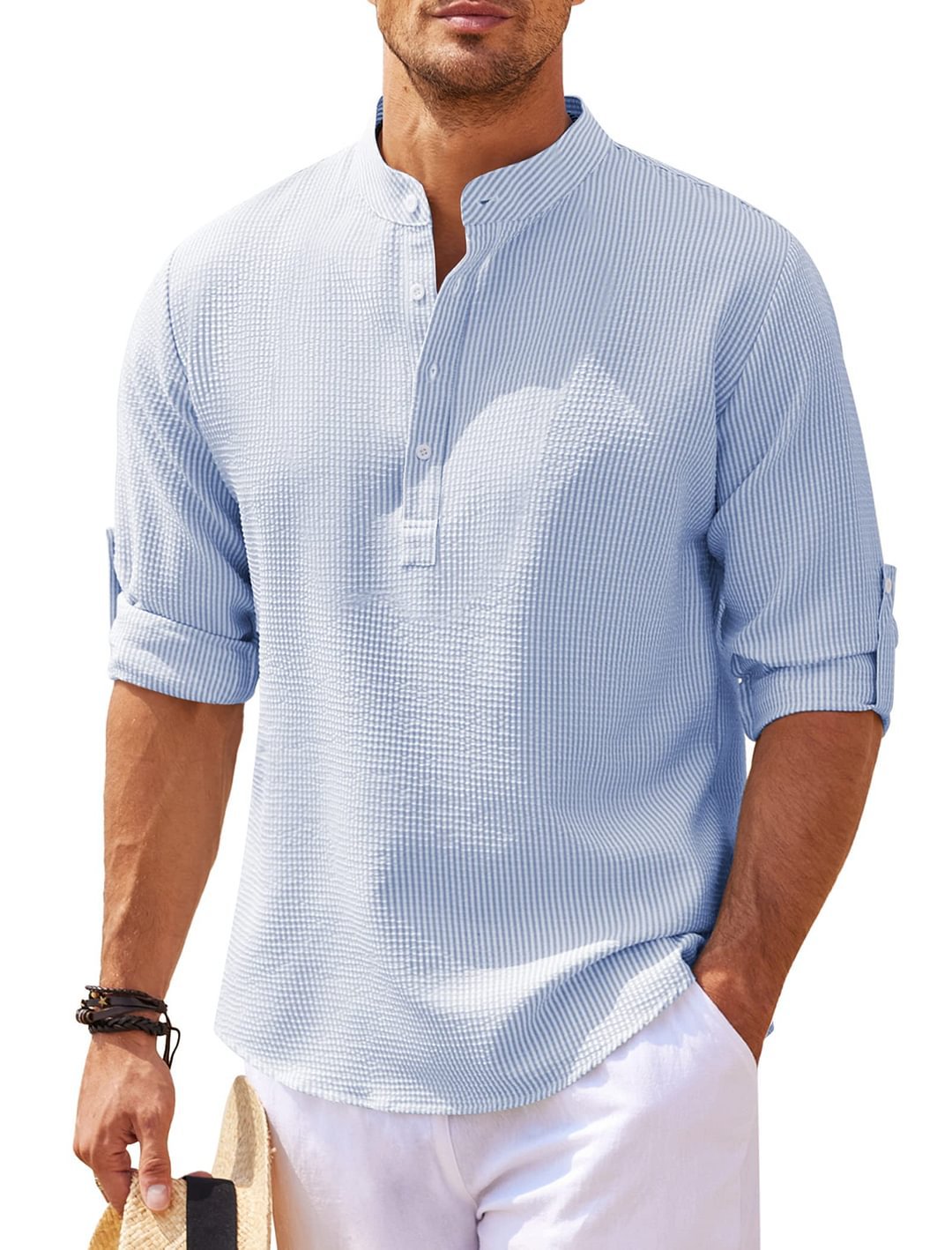 Men's Textured Stand Collar Long Sleeve Shirt