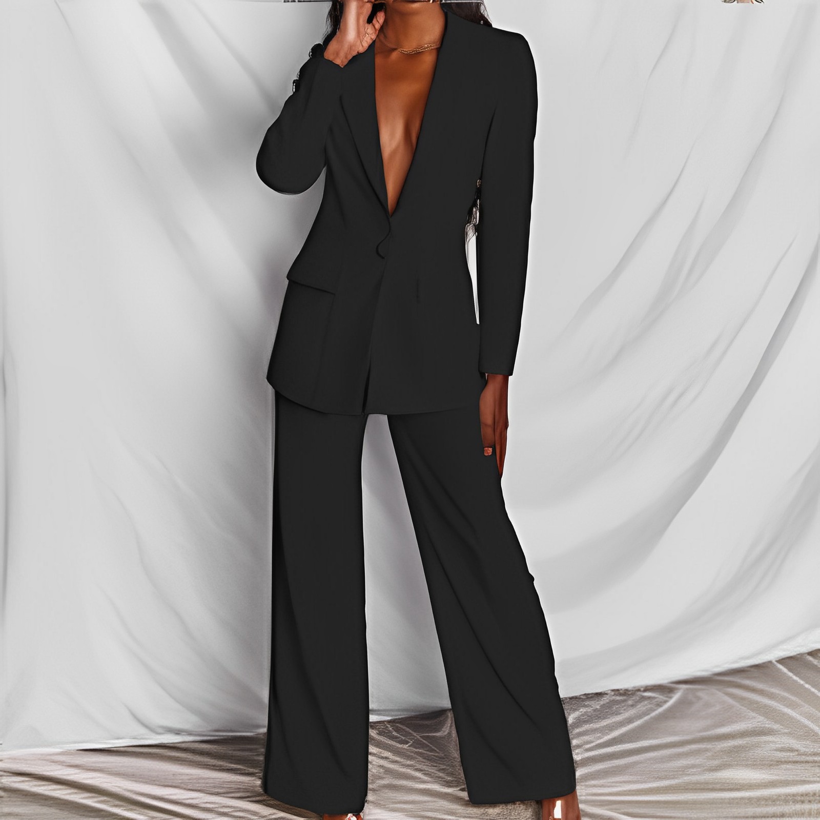 Women’s Tailored Two-Piece Suit Set with Lapels and Wide-Leg Trousers