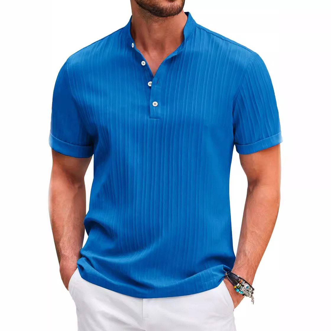Summer Stand Collar Buttons Short Sleeve T-shirt Solid Color Stripe Polo Shirt Fashion Cas