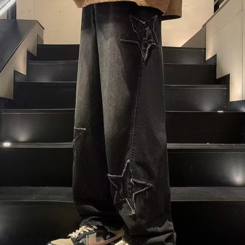 Star Embroidery Straight Casual Men Jeans Gothic Neutral New Wide Leg Loose Hip-hop Fashio