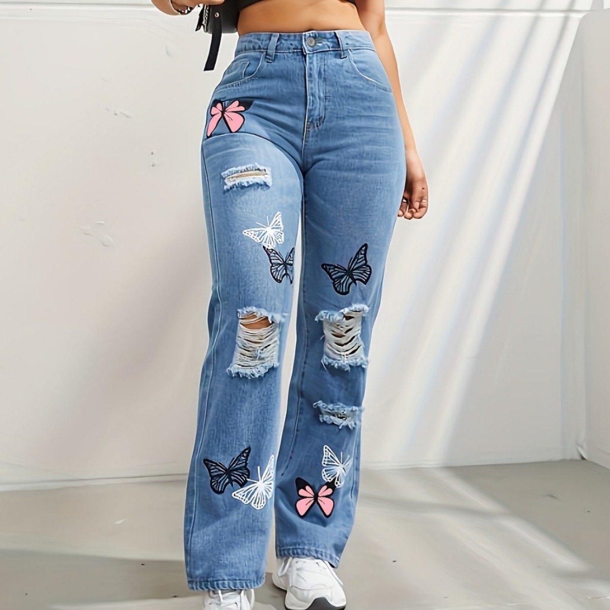 Women's High-Waisted Straight-Leg Butterfly Print Ripped Jeans