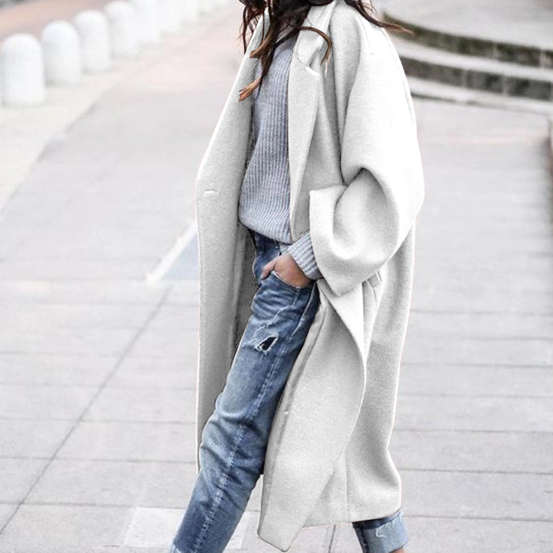 Women’s Long Lapel Coat with Pockets and Single-Breasted Front