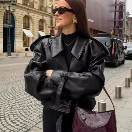 Women's Cropped PU Jacket with Wide Lapels and Statement Sleeves