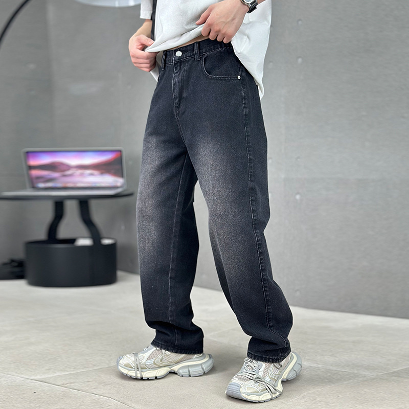 Men’s Wide-Leg Washed Denim Jeans with Five-Pocket Design