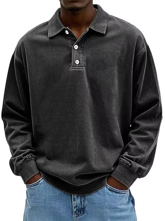 Men’s Long Sleeve Polo Shirt with Button Placket and Ribbed Cuffs