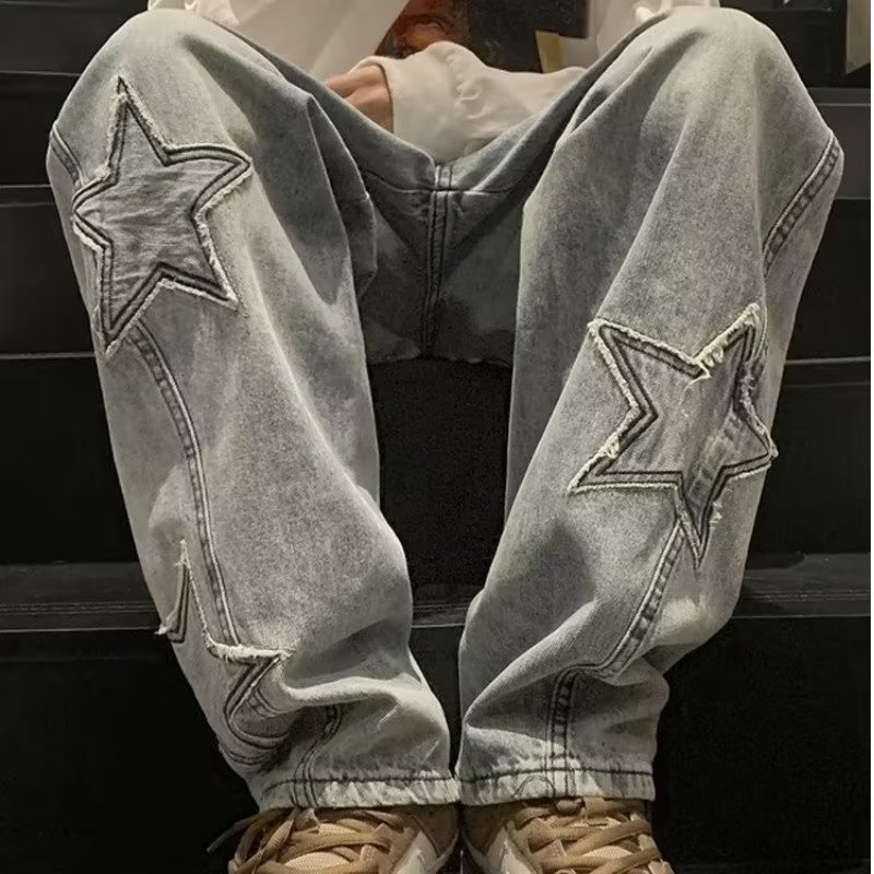 Star Embroidery Straight Casual Men Jeans Gothic Neutral New Wide Leg Loose Hip-hop Fashio