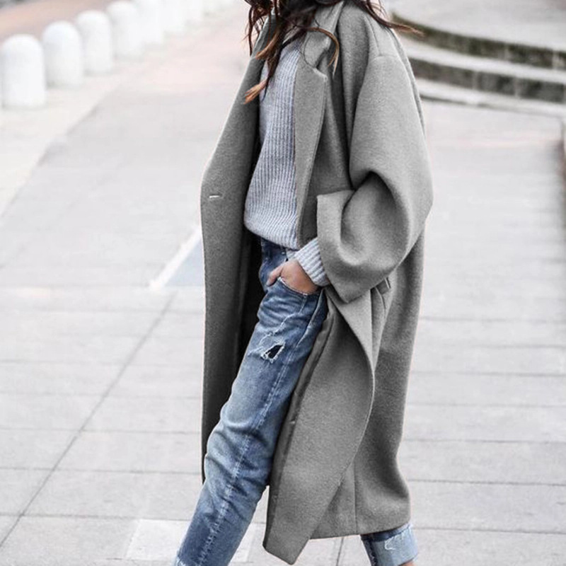 Women’s Long Lapel Coat with Pockets and Single-Breasted Front