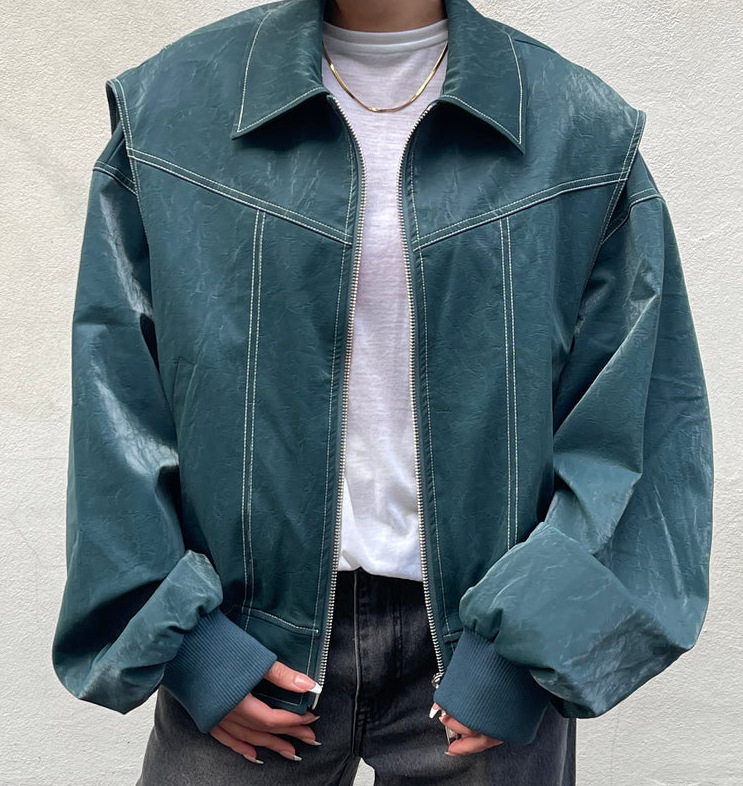 Women’s Lapel Zip Front Jacket with Contrast Stitching