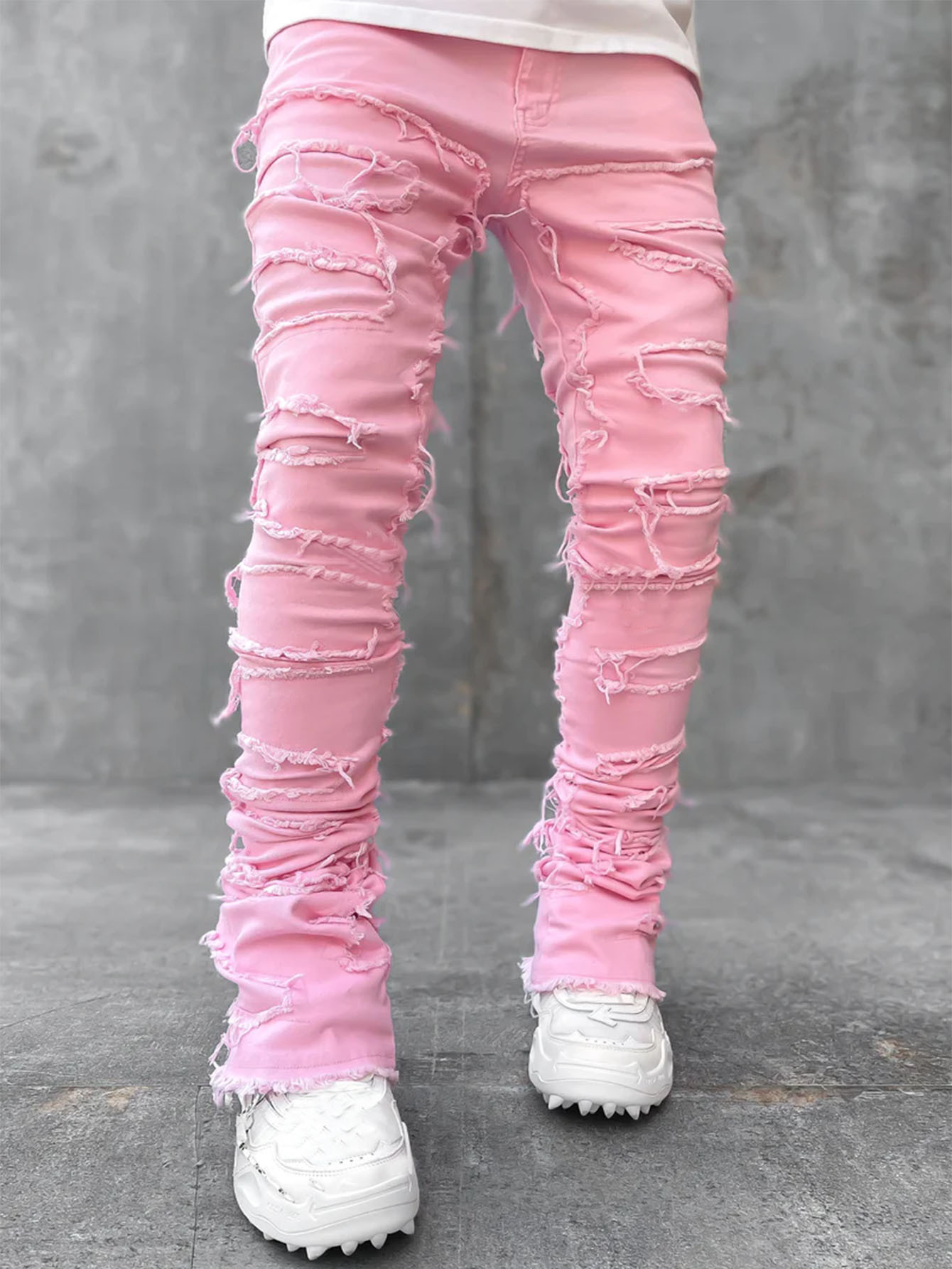Men’s Slim Fit Stacked Ripped Patchwork Jeans