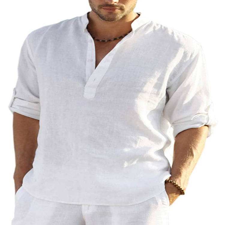 Men’s Stand Collar Roll-Sleeve Henley Shirt