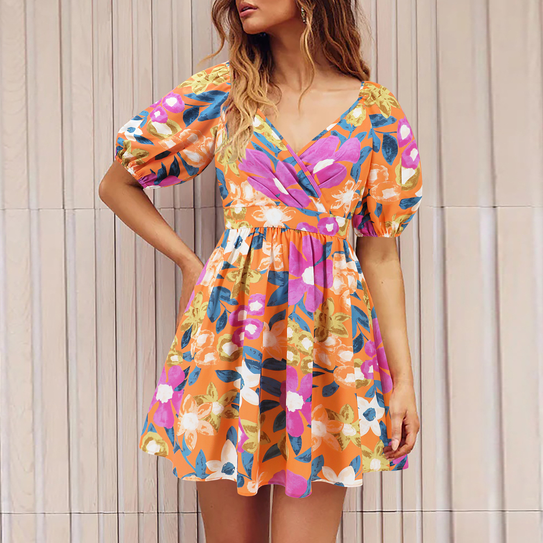 Women's Floral V-Neck Puff Sleeve Elastic Waist Mini Dress