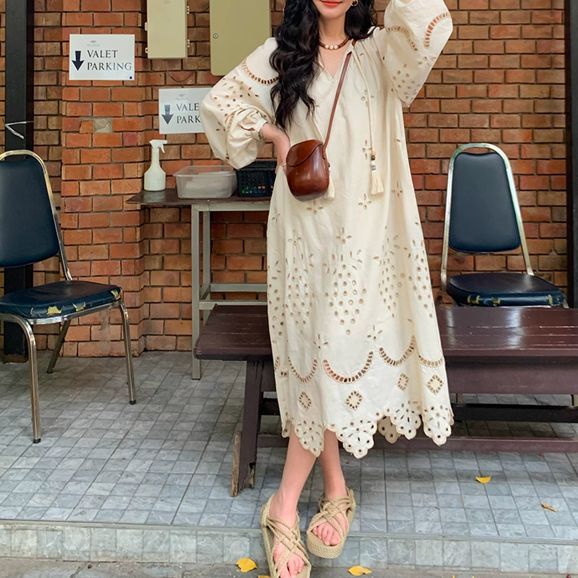 Women’s White Eyelet Embroidered V-Neck Maxi Dress