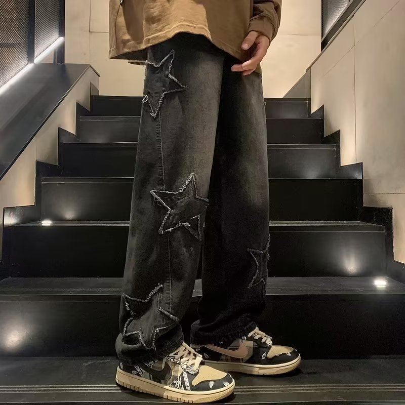 Star Embroidery Straight Casual Men Jeans Gothic Neutral New Wide Leg Loose Hip-hop Fashio