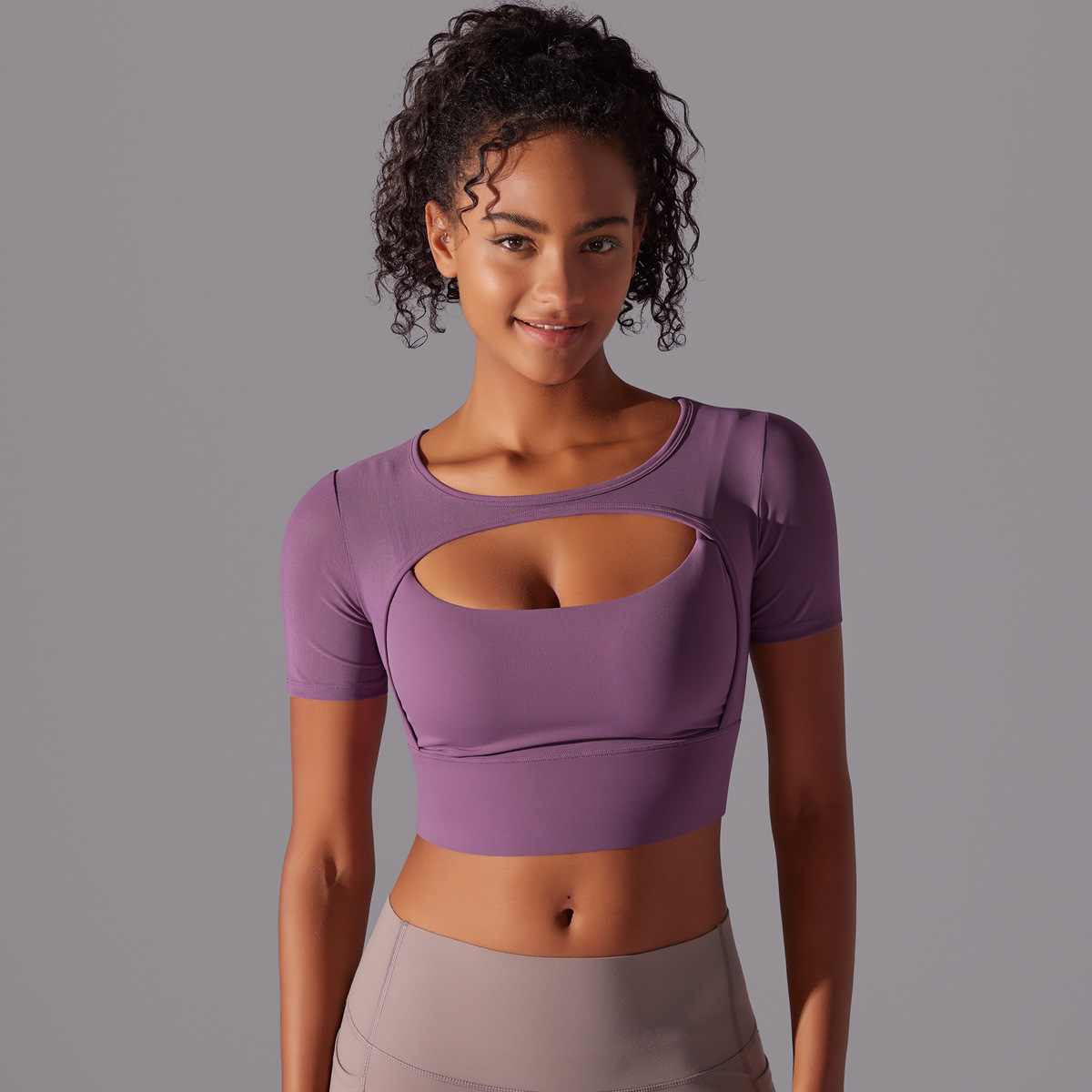 Women’s Double-Layer Short-Sleeve Cutout Crop Top