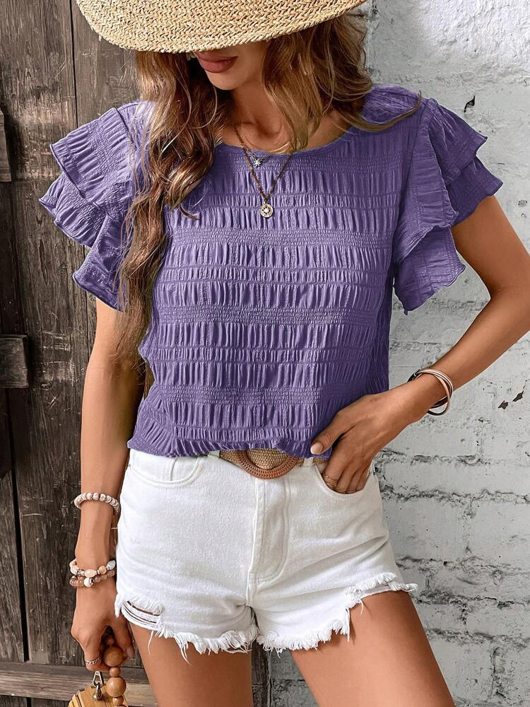 Summer Ruffled Short-sleeved T-shirt Casual Round Neck Pleated Design Top For Women Clothi