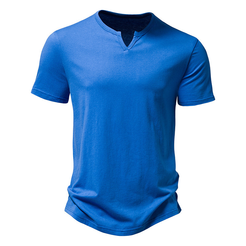 Men's Cotton Notched Collar Short-Sleeved Curved Hem T-Shirt