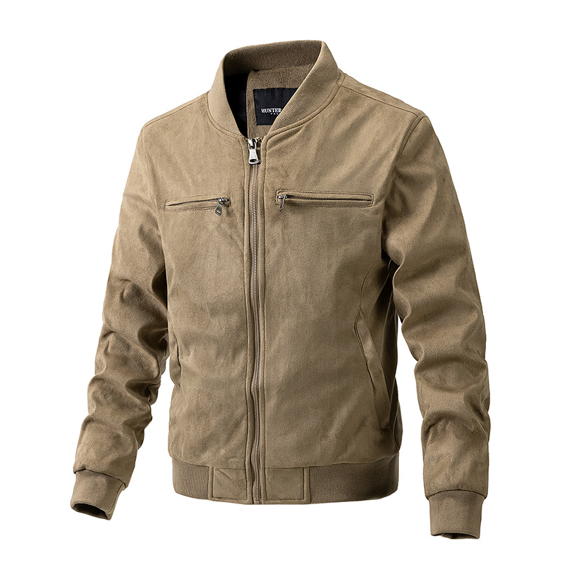 Men’s Suede-Effect Bomber Jacket with Stand Collar and Zip Pockets