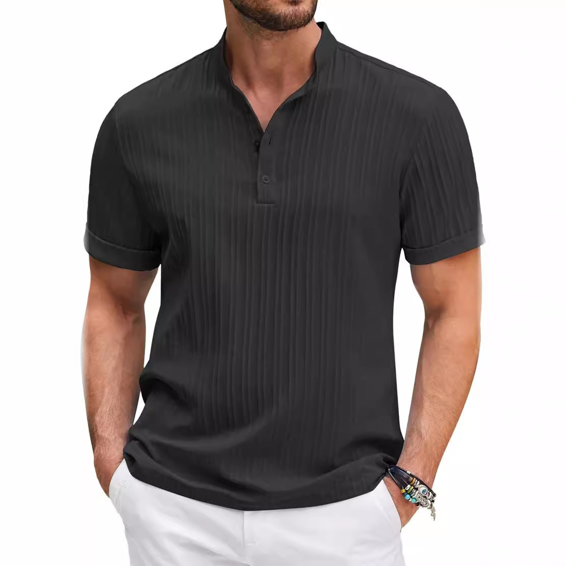 Summer Stand Collar Buttons Short Sleeve T-shirt Solid Color Stripe Polo Shirt Fashion Cas