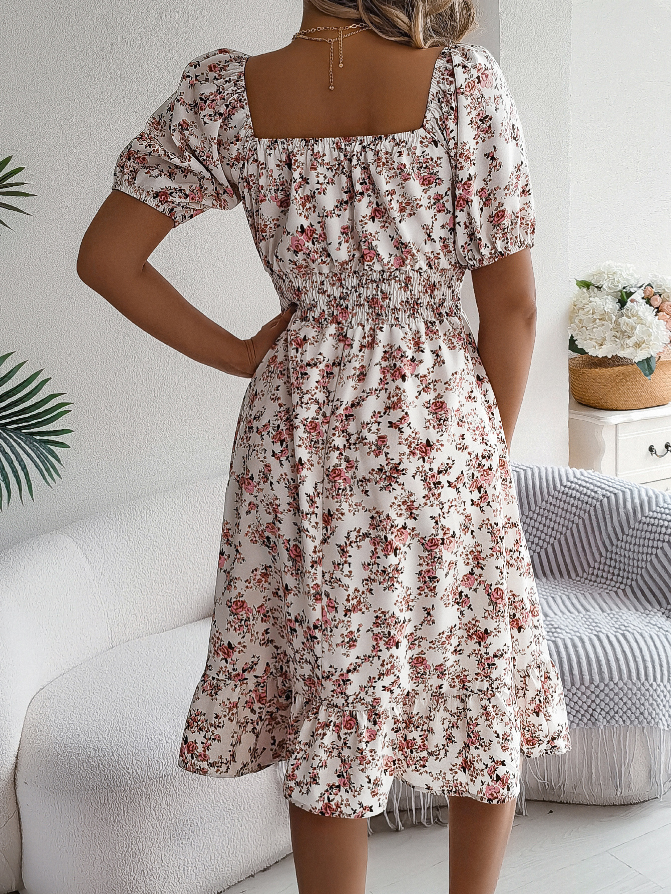 Women's Floral Print Square Neck Smocked Waist Midi Dress
