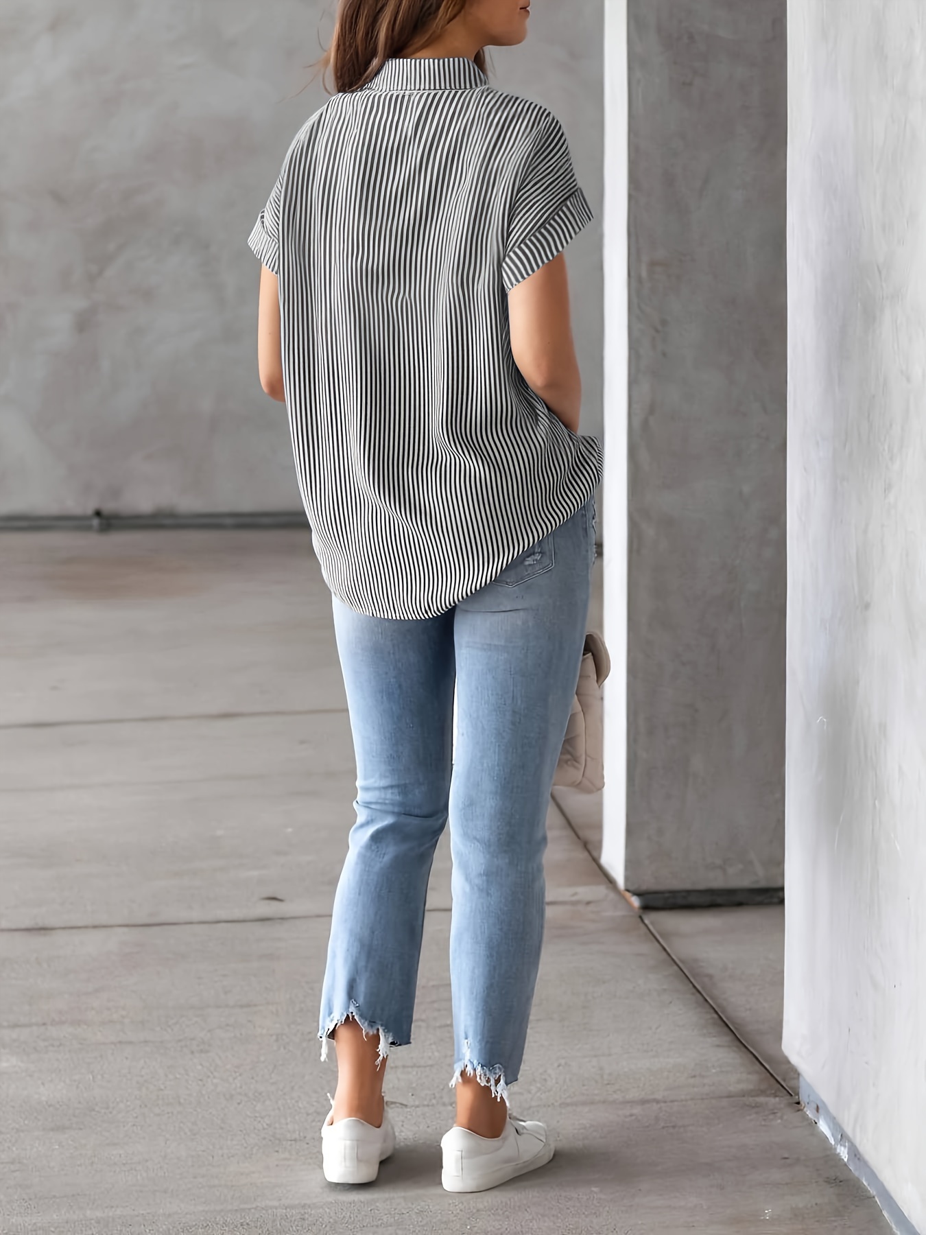 Elegant Plus Size Striped Blouse With Pocket - Casual Short Sleeve, Button-up Collared Shi