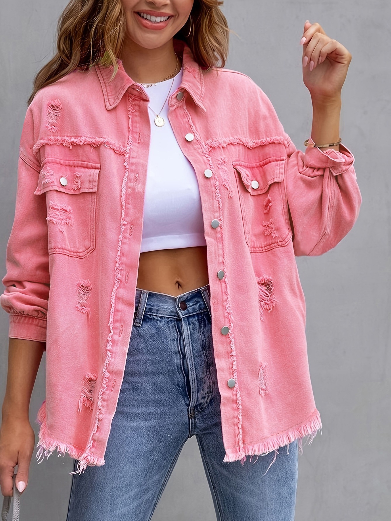 Women's Oversized Distressed Frayed Hem Shirt Jacket